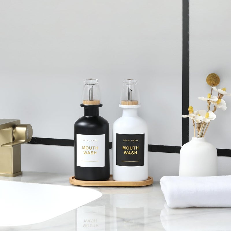 BONLONG 11.8OZ Mouthwash Dispenser for Bathroom with Bamboo & Stainless Steel Pour Spout, Mouthwash Cups Reusable, Bamboo Tray, and Elegant Gold Label. Set of 2（Black/White - Image 5